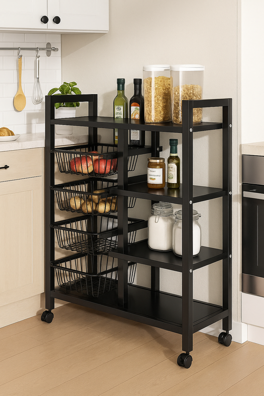 4-Layer Display Shelf with 4 Side Baskets – Multipurpose Storage Rack